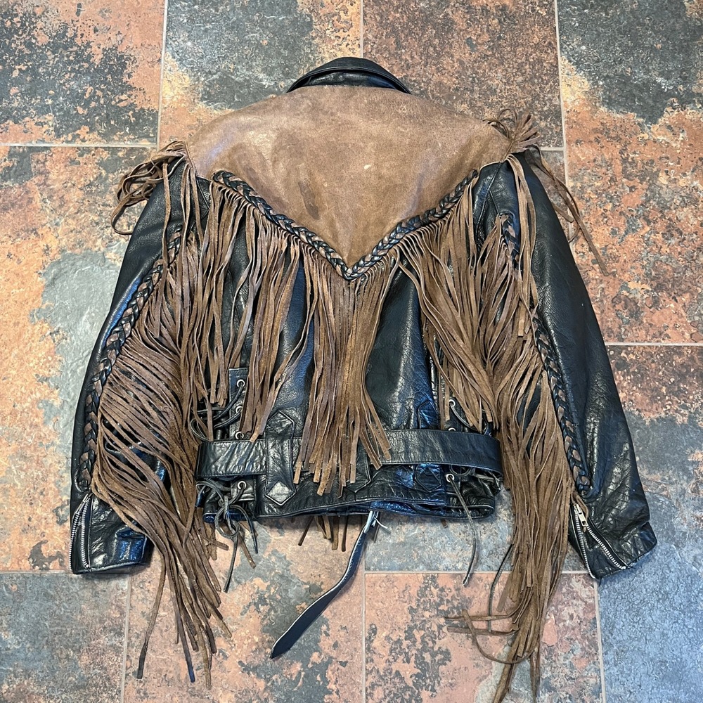 Vintage Wilsons Leather Fringe Jacket Womens S Black Brown Motorcycle Biker 90s - Picture 2 of 16